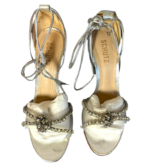 Schutz Silver Rhinestone Ankle Wrap Sandals SIZE 8.5 Stiletto Heel Revolve $138 - Picture 7 of 12